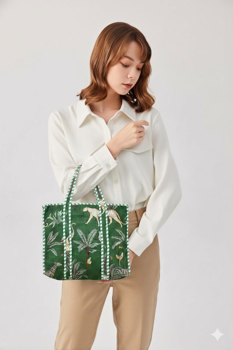 Green Jungle Quilted Cotton Tote Bag (12x12)