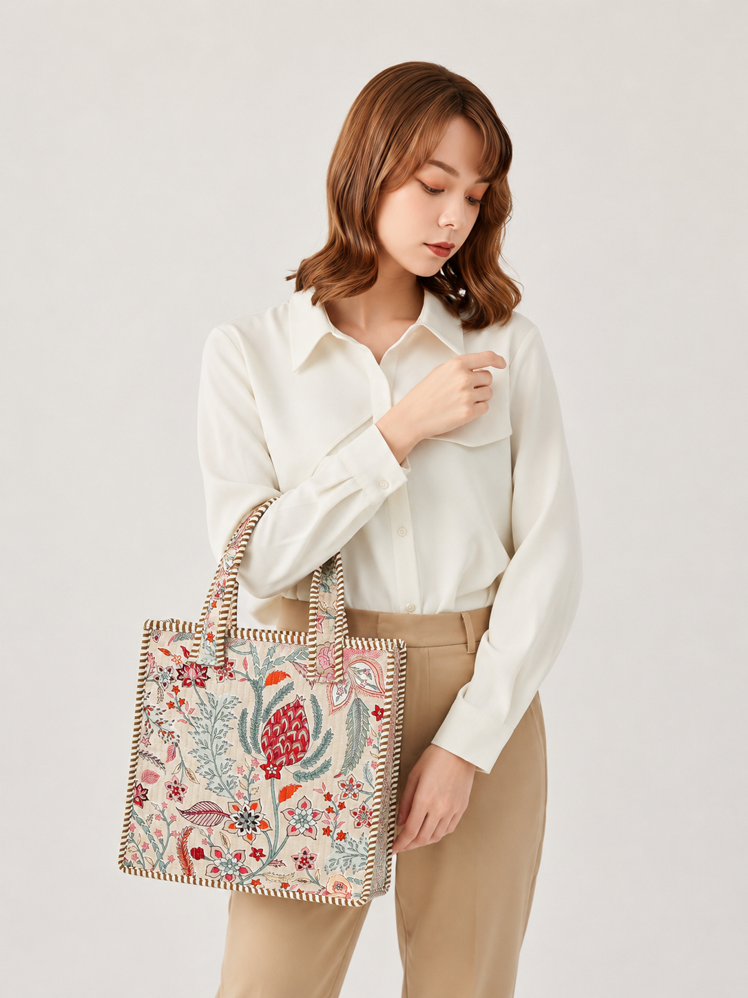Beige Floral Quilted Cotton Tote Bag (12x12)