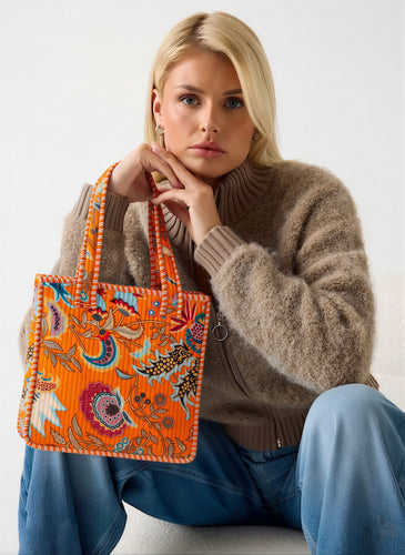 Orange Floral Quilted Cotton Tote Bag (12x12)