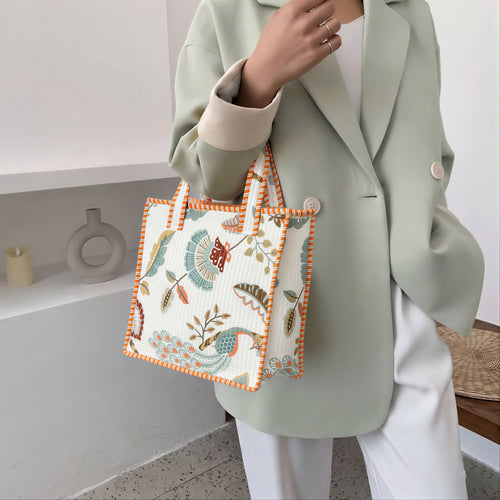 Beige Peacock Quilted Cotton Tote Bag (12x12)