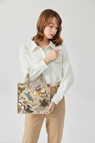 Beige Botanica Quilted Cotton Tote Bag (12x12)