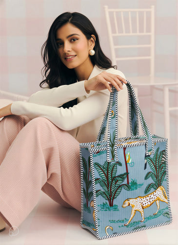 Grey Floral Quilted Cotton Tote Bag (12x12)