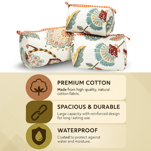 Beige Peacock Quilted Cotton Pouch Set of 3