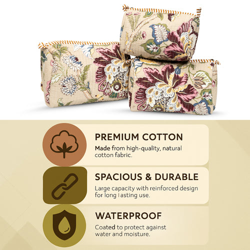 Beige Botanica Quilted Cotton Pouch Set of 3