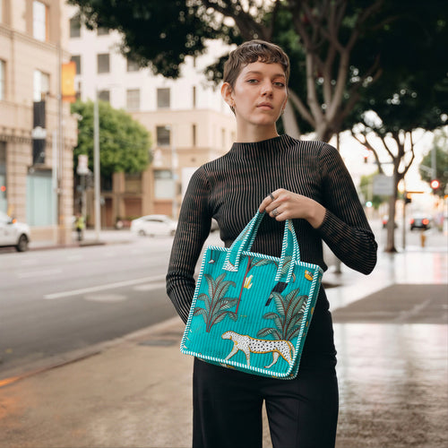 Turquoise Jungle Quilted Cotton Tote Bag (12x12)