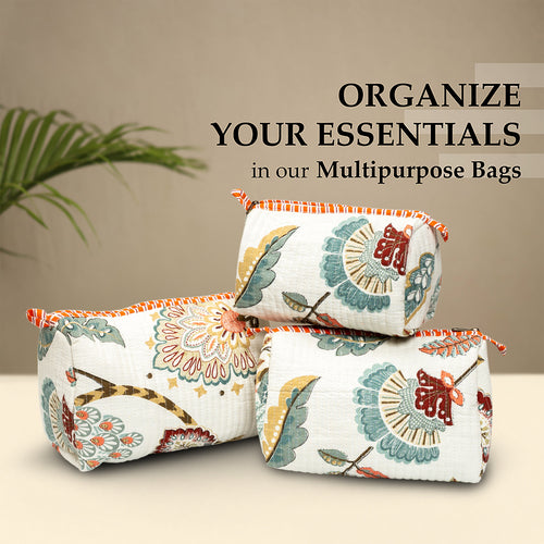 Beige Peacock Quilted Cotton Pouch Set of 3