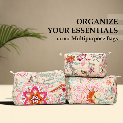 Beige Floral Quilted Cotton Pouch Set of 3