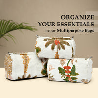 White Floral Quilted Cotton Pouch Set of 3 thumbnail 1