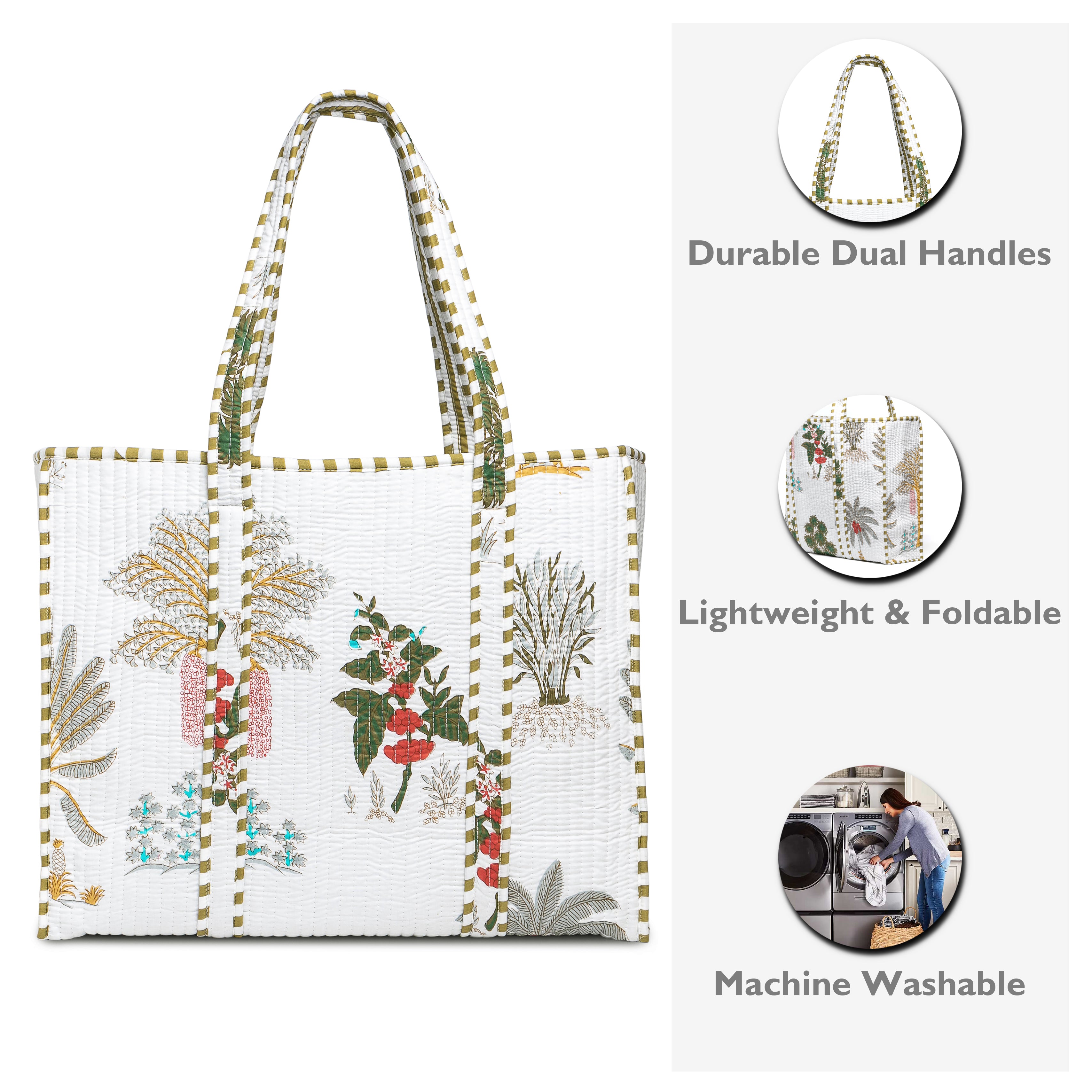 Quilted Cotton Tote Bag – Handmade Travel Shoulder Bag with Zipper & Pockets – Lightweight, Durable & Stylish for Daily Use (White Floral)