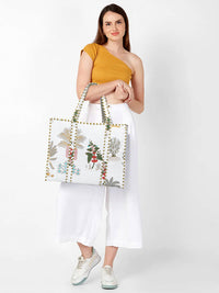 White Floral Quilted Cotton Tote Bag (18x18) thumbnail 1