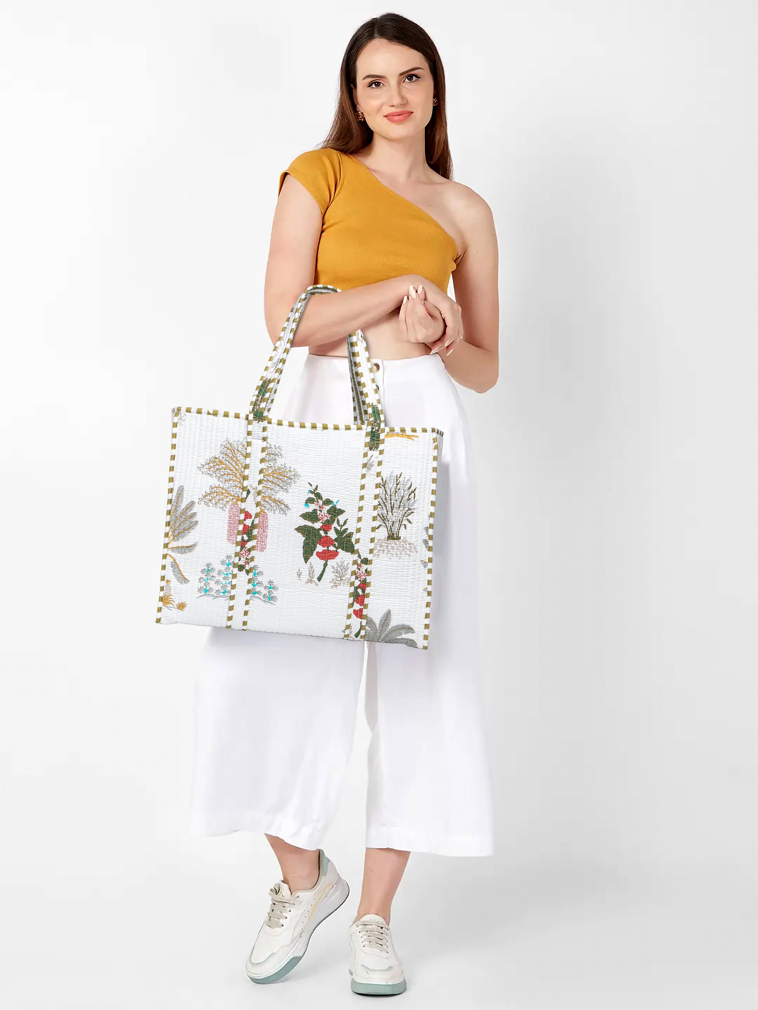 Premium Quilted Tote Bag with Matching Pouches Combo Set – Durable, Lightweight, Multipurpose Bag for Travel, Office & Daily Essentials (White Floral)