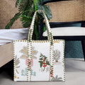 Quilted Cotton Tote Bag – Handmade Travel Shoulder Bag with Zipper & Pockets – Lightweight, Durable & Stylish for Daily Use (White Floral)