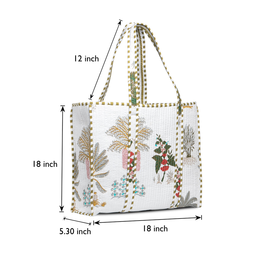 Premium Quilted Tote Bag with Matching Pouches Combo Set – Durable, Lightweight, Multipurpose Bag for Travel, Office & Daily Essentials (White Floral)