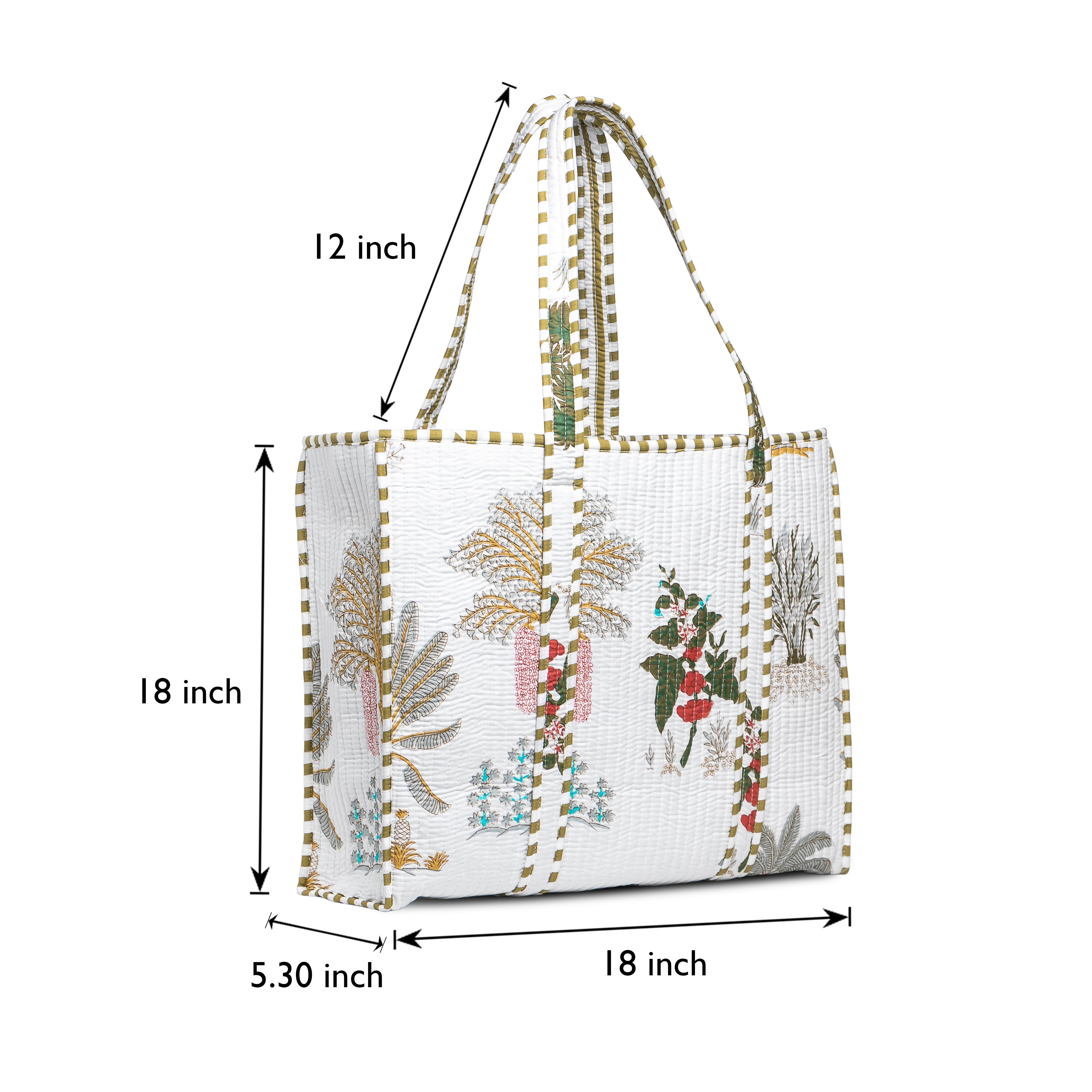 Quilted Cotton Tote Bag – Handmade Travel Shoulder Bag with Zipper & Pockets – Lightweight, Durable & Stylish for Daily Use (White Floral)
