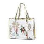 Quilted Cotton Tote Bag – Handmade Travel Shoulder Bag with Zipper & Pockets – Lightweight, Durable & Stylish for Daily Use (White Floral)