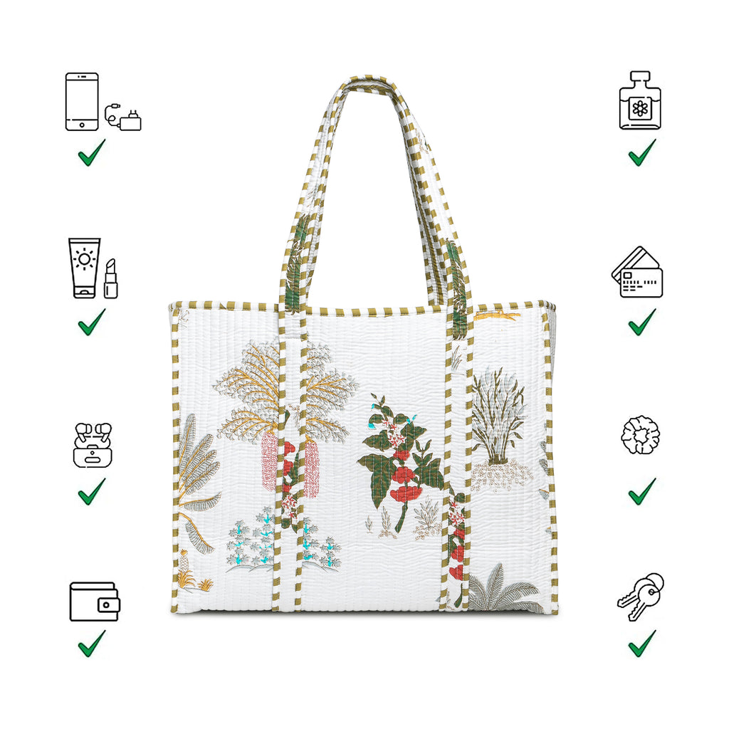 Quilted Cotton Tote Bag – Handmade Travel Shoulder Bag with Zipper & Pockets – Lightweight, Durable & Stylish for Daily Use (White Floral)