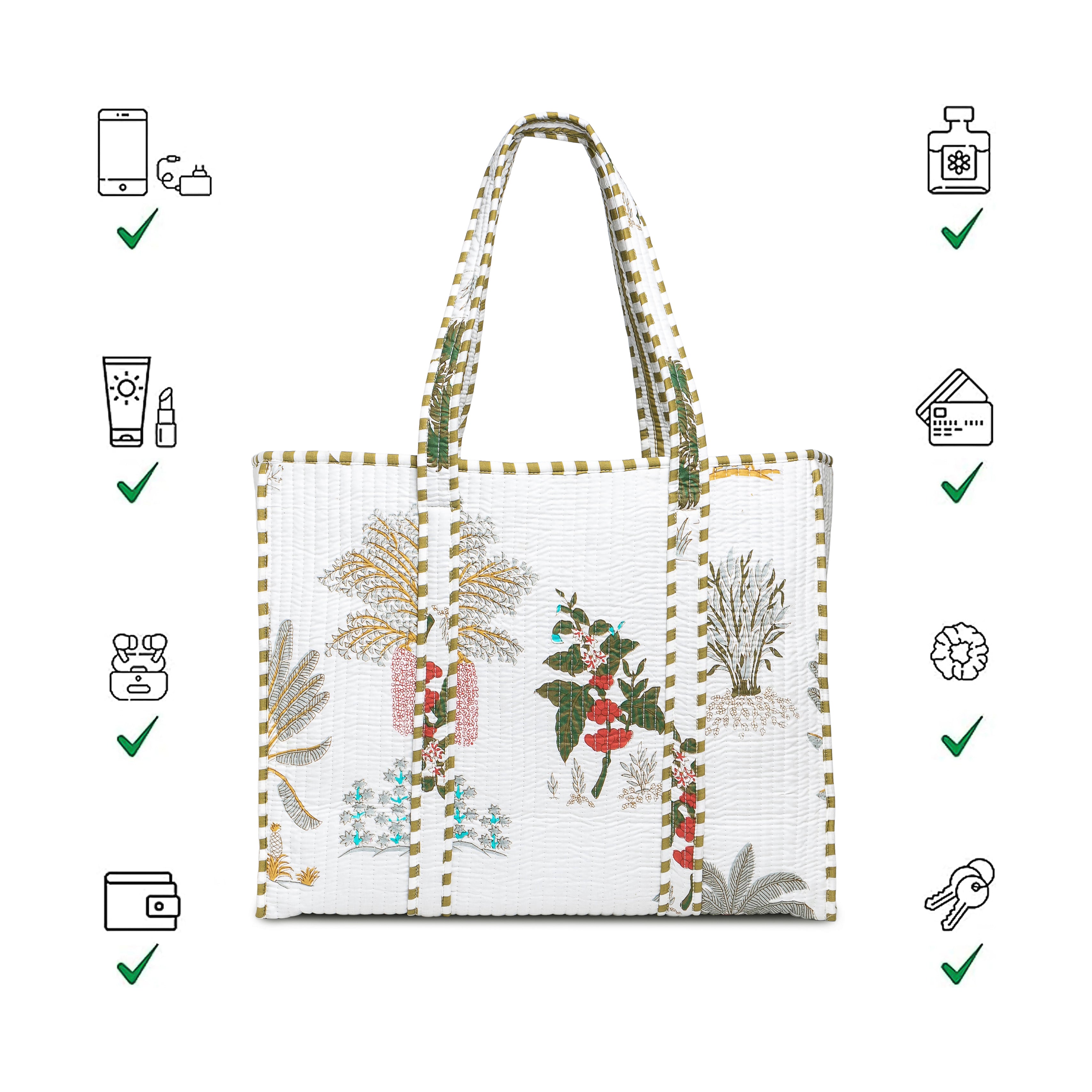 Quilted Cotton Tote Bag – Handmade Travel Shoulder Bag with Zipper & Pockets – Lightweight, Durable & Stylish for Daily Use (White Floral)