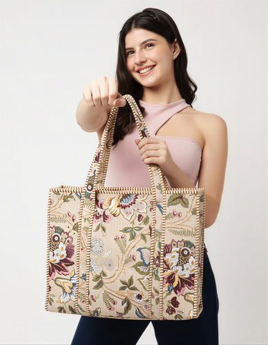 Beige Botanica Quilted Cotton Tote Bag (18x18)