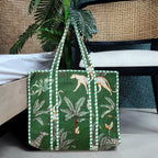 Quilted Cotton Tote Bag – Handmade Travel Shoulder Bag with Zipper & Pockets – Lightweight, Durable & Stylish for Daily Use (Green Jungle)