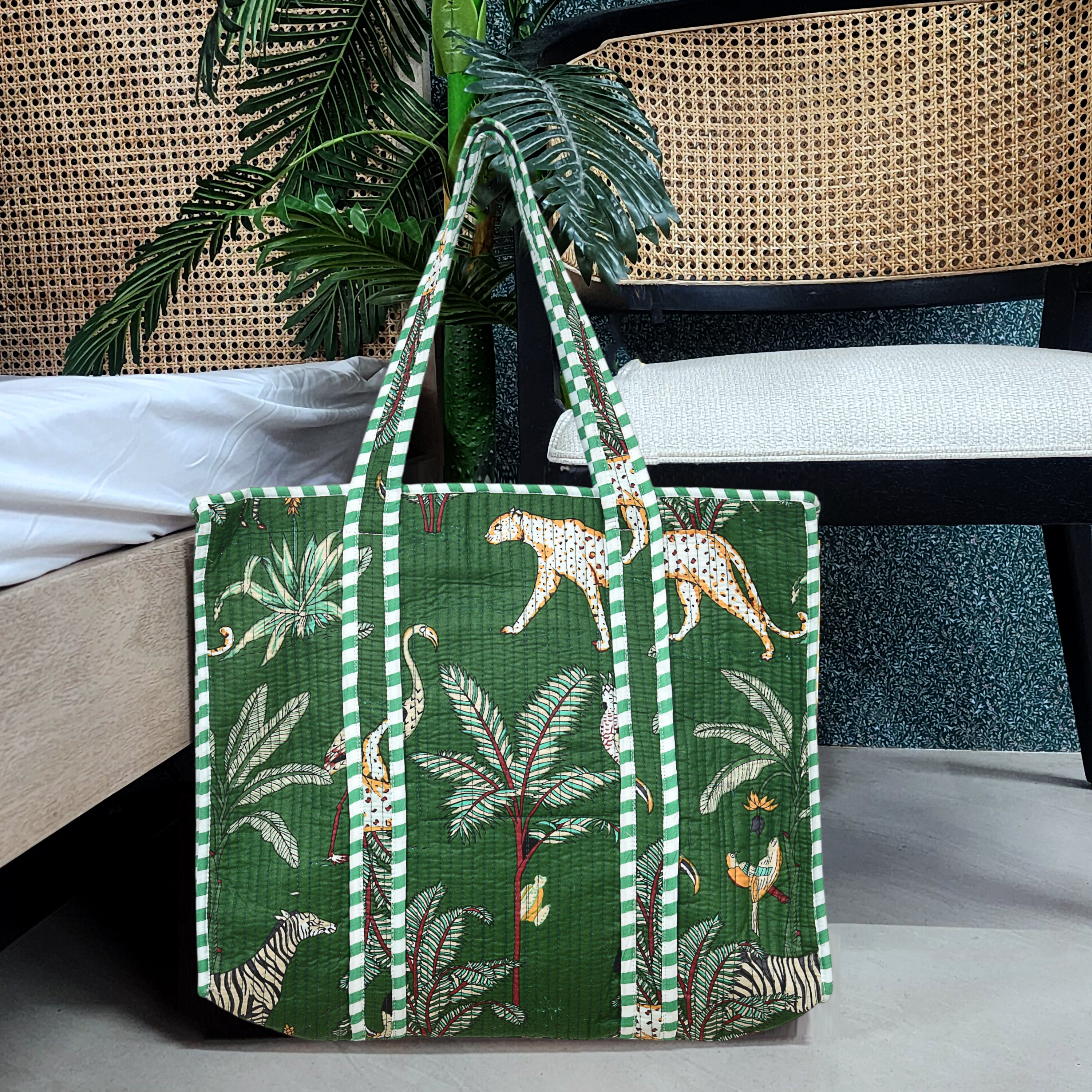 Quilted Cotton Tote Bag – Handmade Travel Shoulder Bag with Zipper & Pockets – Lightweight, Durable & Stylish for Daily Use (Green Jungle)