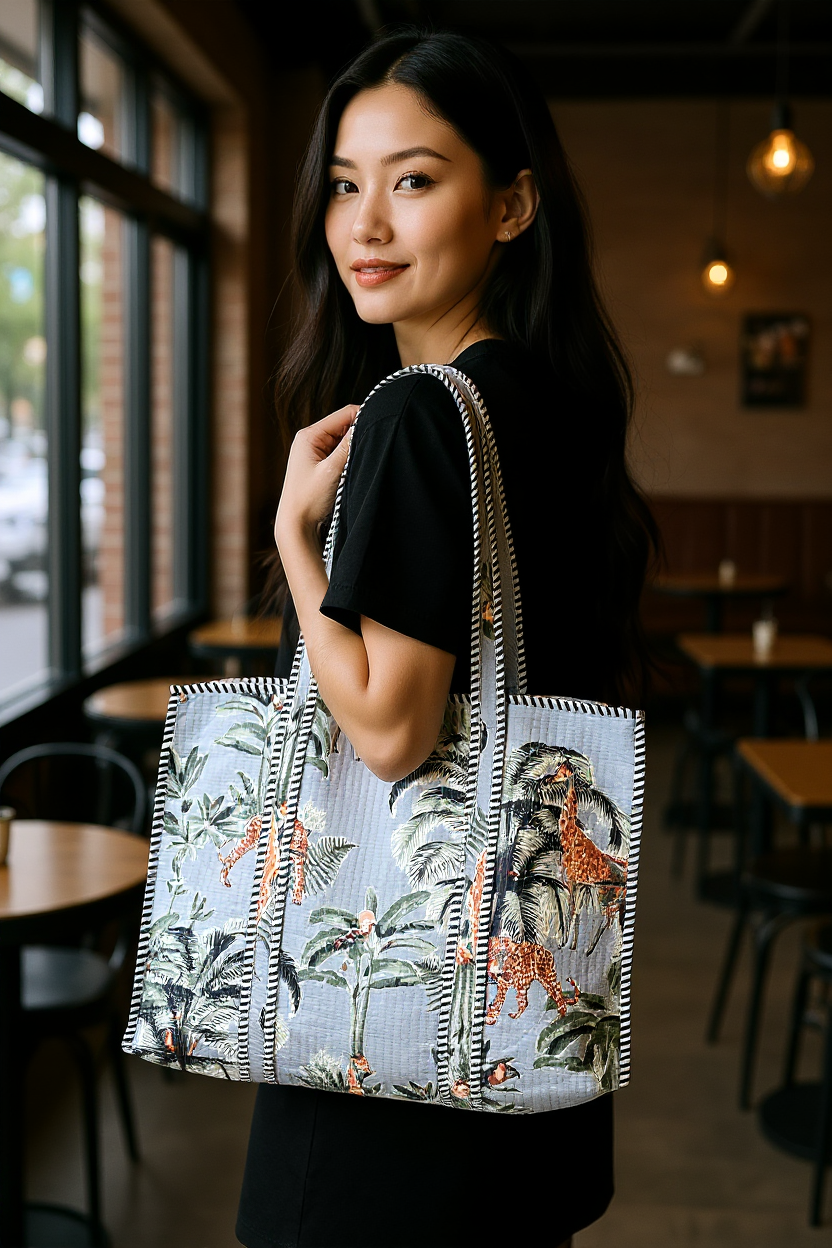 Quilted Cotton Tote Bag – Handmade Travel Shoulder Bag with Zipper & Pockets – Lightweight, Durable & Stylish for Daily Use (Grey Floral)