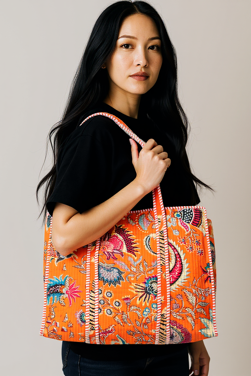 Quilted Cotton Tote Bag – Handmade Travel Shoulder Bag with Zipper & Pockets – Lightweight, Durable & Stylish for Daily Use (Orange Floral)