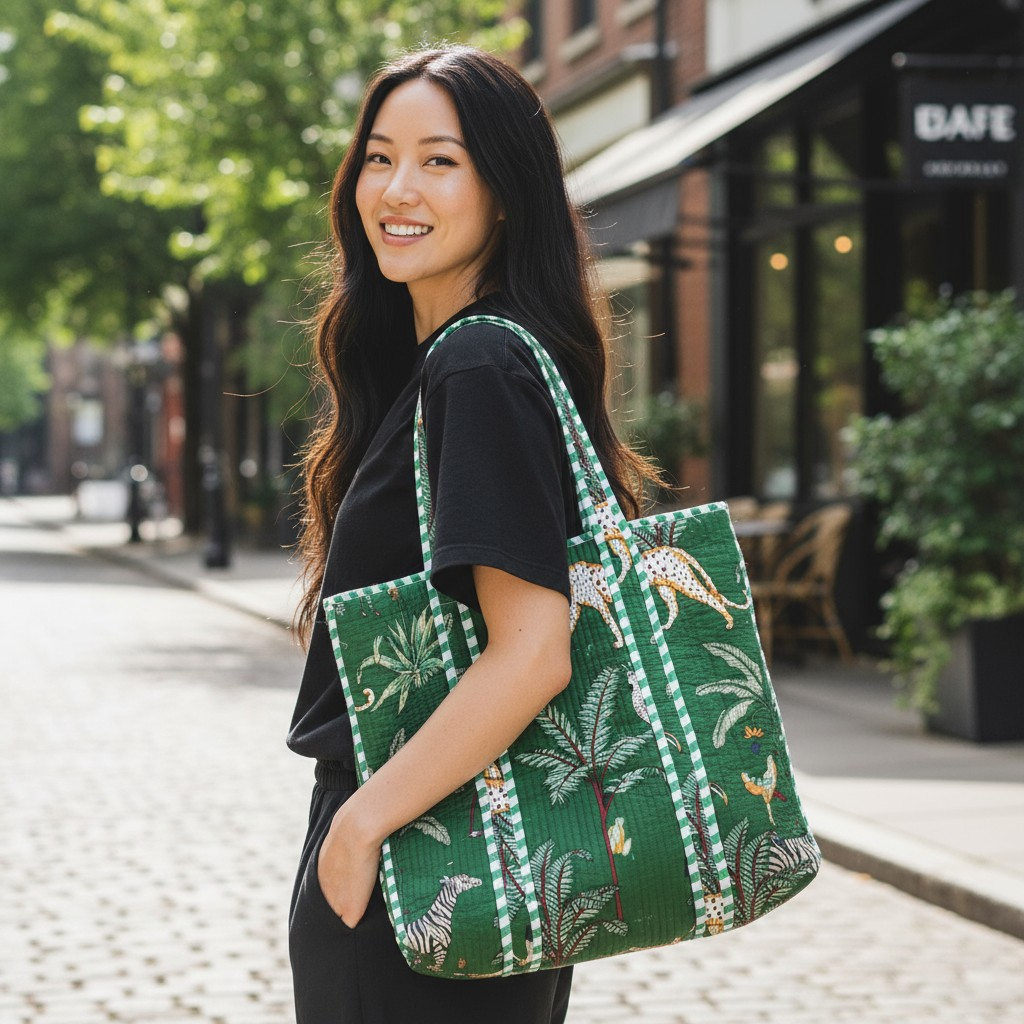 Quilted Cotton Tote Bag – Handmade Travel Shoulder Bag with Zipper & Pockets – Lightweight, Durable & Stylish for Daily Use (Green Jungle)