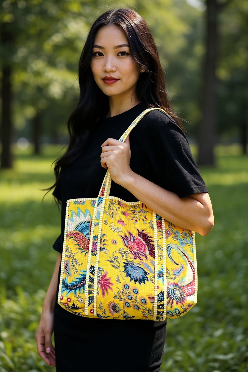 Quilted Cotton Tote Bag – Handmade Travel Shoulder Bag with Zipper & Pockets – Lightweight, Durable & Stylish for Daily Use (Yellow Floral)