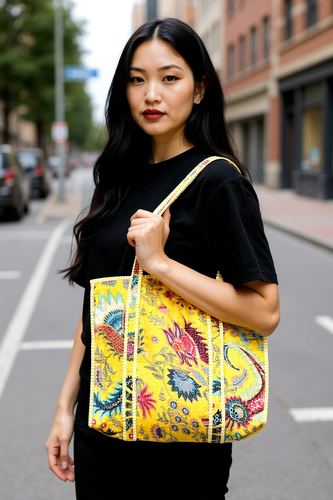 Yellow Floral Quilted Cotton Tote Bag (18x18)