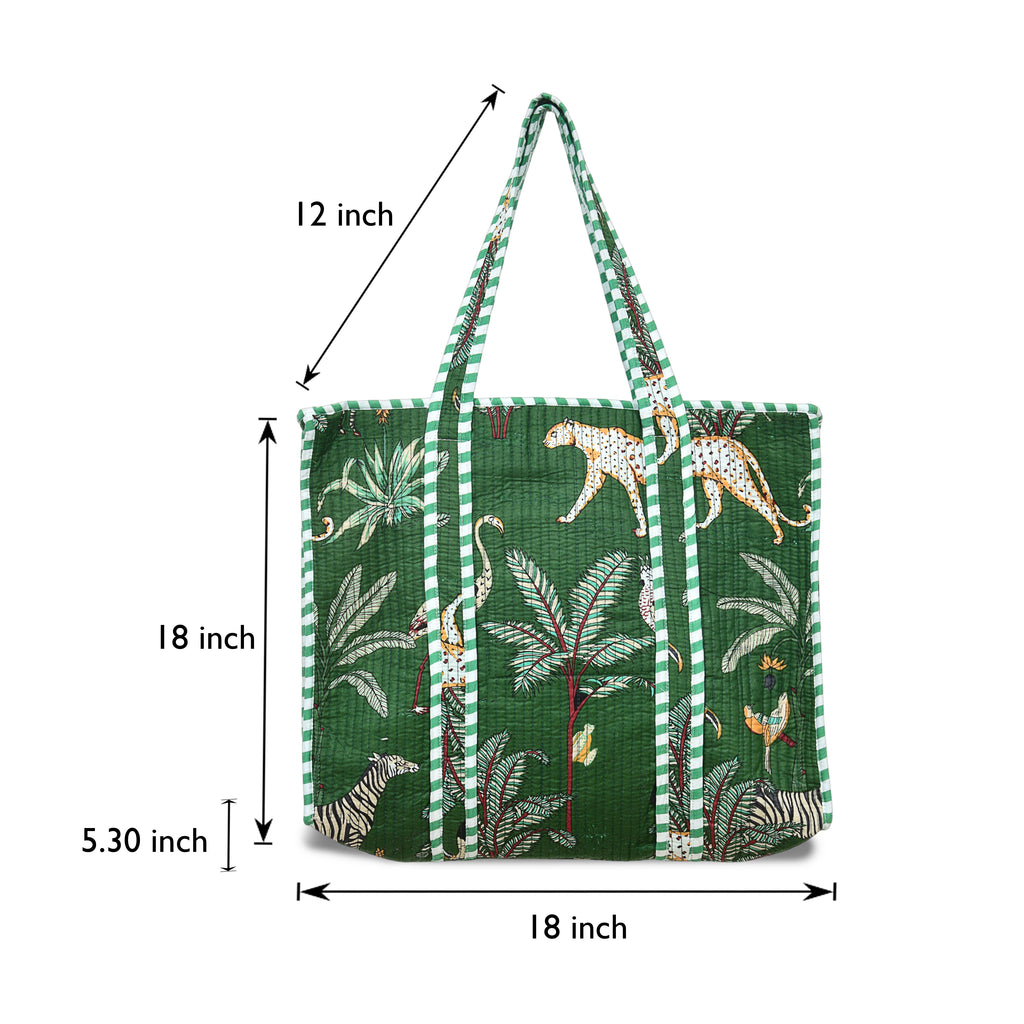 Quilted Cotton Tote Bag – Handmade Travel Shoulder Bag with Zipper & Pockets – Lightweight, Durable & Stylish for Daily Use (Green Jungle)