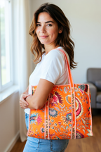 Quilted Cotton Tote Bag – Handmade Travel Shoulder Bag with Zipper & Pockets – Lightweight, Durable & Stylish for Daily Use (Orange Floral)