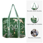 Quilted Cotton Tote Bag – Handmade Travel Shoulder Bag with Zipper & Pockets – Lightweight, Durable & Stylish for Daily Use (Green Jungle)
