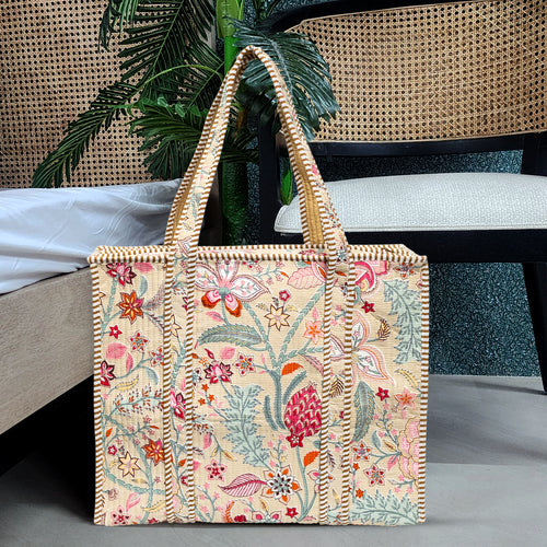 Beige Floral Quilted Cotton Tote Bag (18x18)
