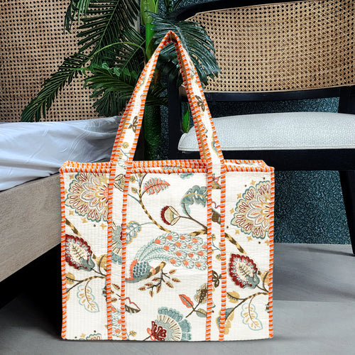 Beige Peacock Quilted Cotton Tote Bag (18x18)