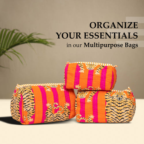 Orange Tiger Quilted Cotton Pouch Set of 3