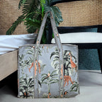 Quilted Cotton Tote Bag – Handmade Travel Shoulder Bag with Zipper & Pockets – Lightweight, Durable & Stylish for Daily Use (Grey Floral)