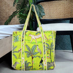 Quilted Cotton Tote Bag – Handmade Travel Shoulder Bag with Zipper & Pockets – Lightweight, Durable & Stylish for Daily Use (Parrot Green Jungle)