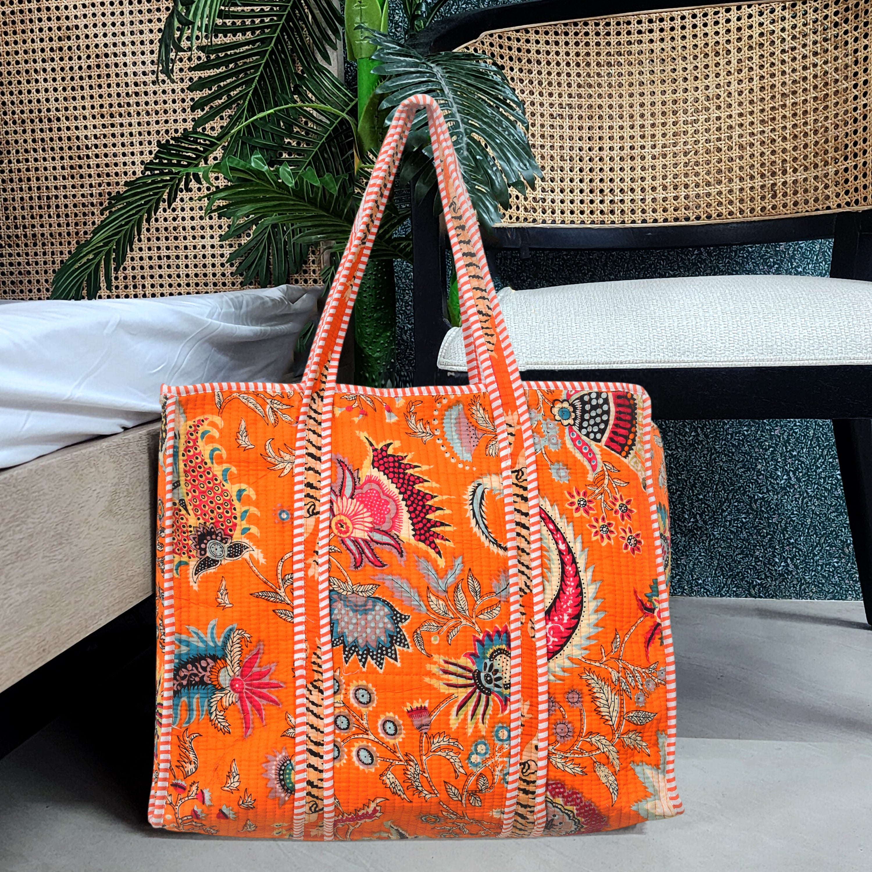 Quilted Cotton Tote Bag – Handmade Travel Shoulder Bag with Zipper & Pockets – Lightweight, Durable & Stylish for Daily Use (Orange Floral)