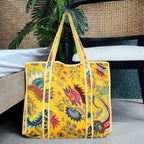 Quilted Cotton Tote Bag – Handmade Travel Shoulder Bag with Zipper & Pockets – Lightweight, Durable & Stylish for Daily Use (Yellow Floral)
