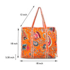 Quilted Cotton Tote Bag – Handmade Travel Shoulder Bag with Zipper & Pockets – Lightweight, Durable & Stylish for Daily Use (Orange Floral)
