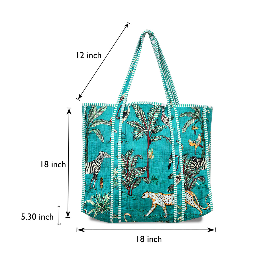 Quilted Cotton Tote Bag – Handmade Travel Shoulder Bag with Zipper & Pockets – Lightweight, Durable & Stylish for Daily Use (Turquoise Jungle)