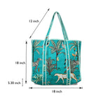Quilted Cotton Tote Bag – Handmade Travel Shoulder Bag with Zipper & Pockets – Lightweight, Durable & Stylish for Daily Use (Turquoise Jungle)
