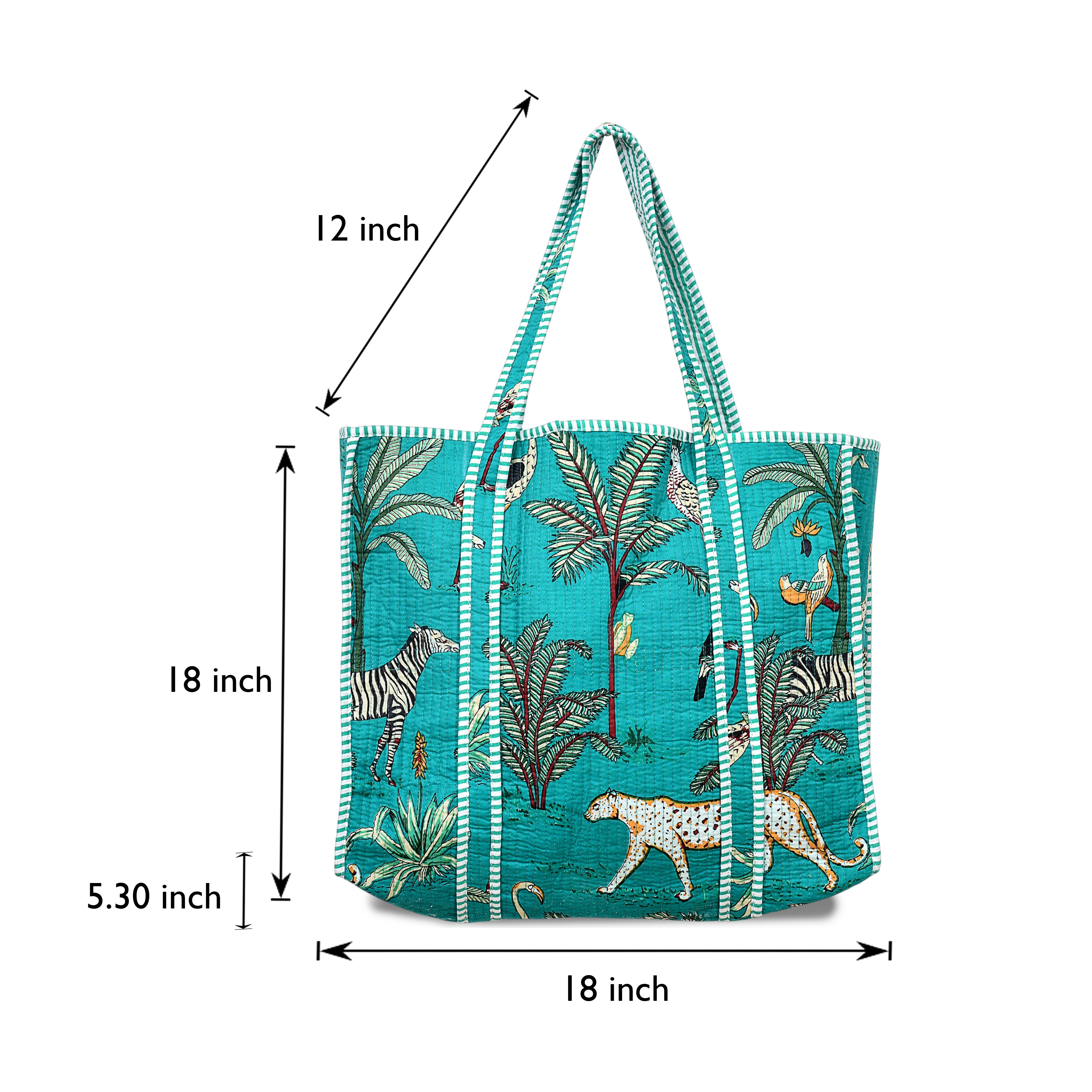Quilted Cotton Tote Bag – Handmade Travel Shoulder Bag with Zipper & Pockets – Lightweight, Durable & Stylish for Daily Use (Turquoise Jungle)