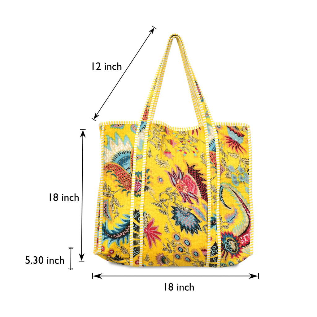 Quilted Cotton Tote Bag – Handmade Travel Shoulder Bag with Zipper & Pockets – Lightweight, Durable & Stylish for Daily Use (Yellow Floral)