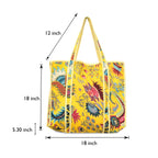 Quilted Cotton Tote Bag – Handmade Travel Shoulder Bag with Zipper & Pockets – Lightweight, Durable & Stylish for Daily Use (Yellow Floral)