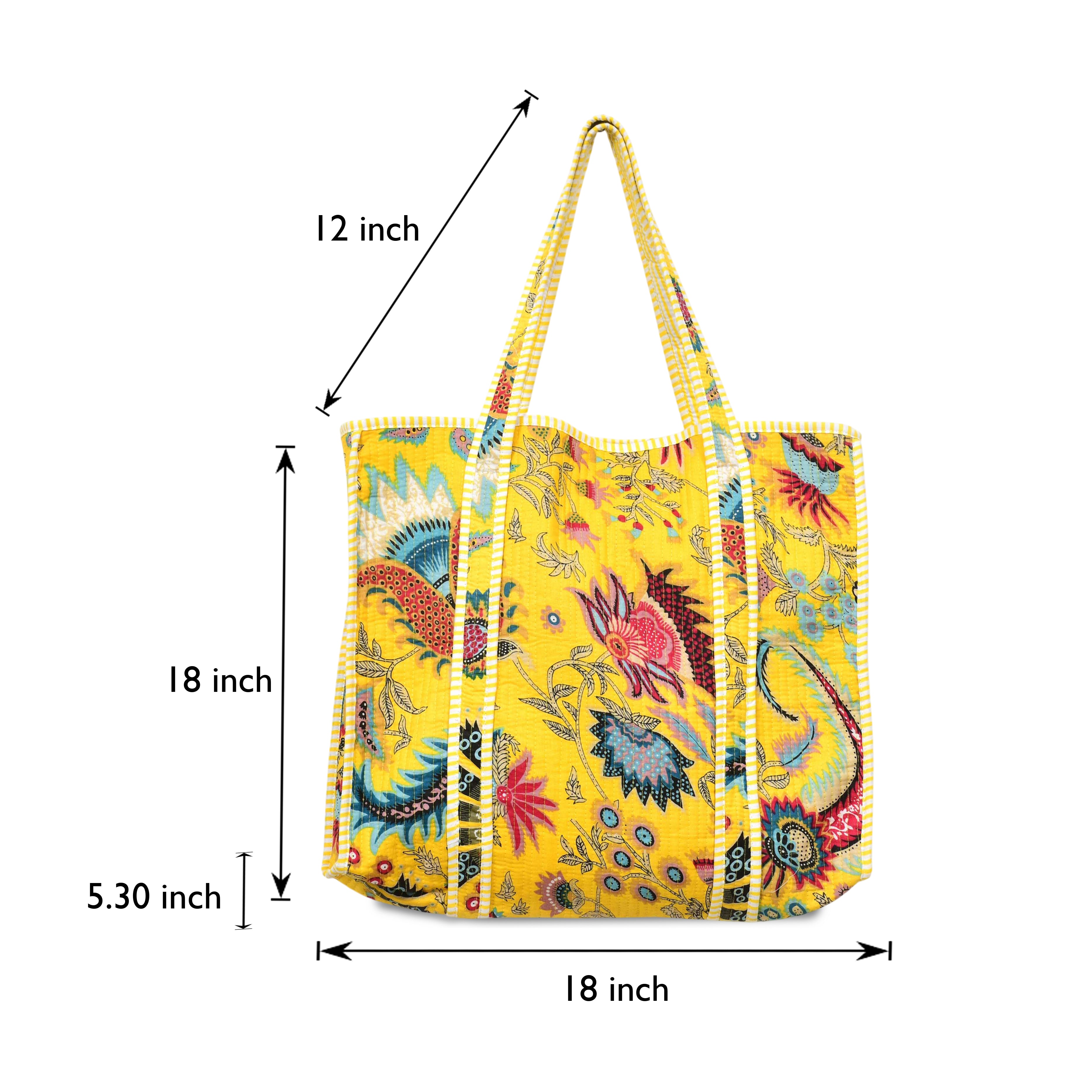 Quilted Cotton Tote Bag – Handmade Travel Shoulder Bag with Zipper & Pockets – Lightweight, Durable & Stylish for Daily Use (Yellow Floral)