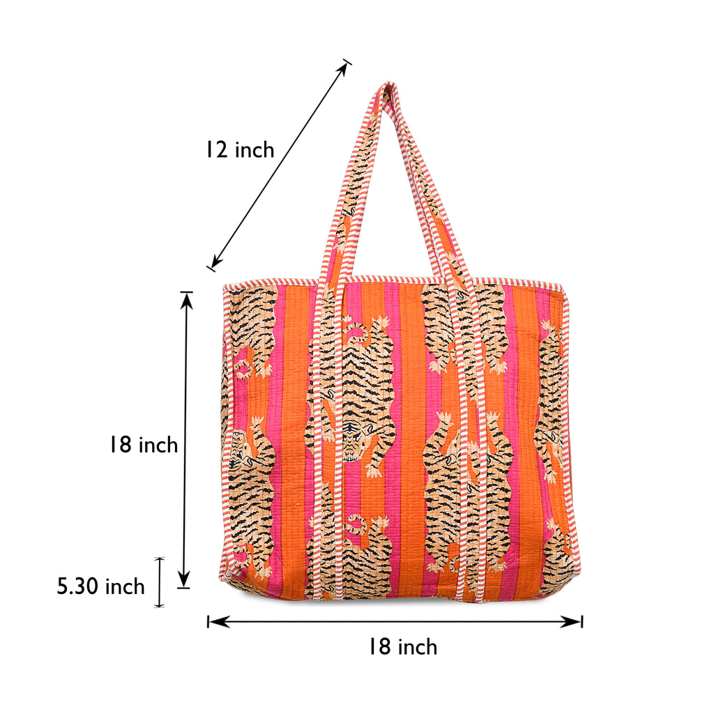 Quilted Cotton Tote Bag – Handmade Travel Shoulder Bag with Zipper & Pockets – Lightweight, Durable & Stylish for Daily Use (Orange Tiger)