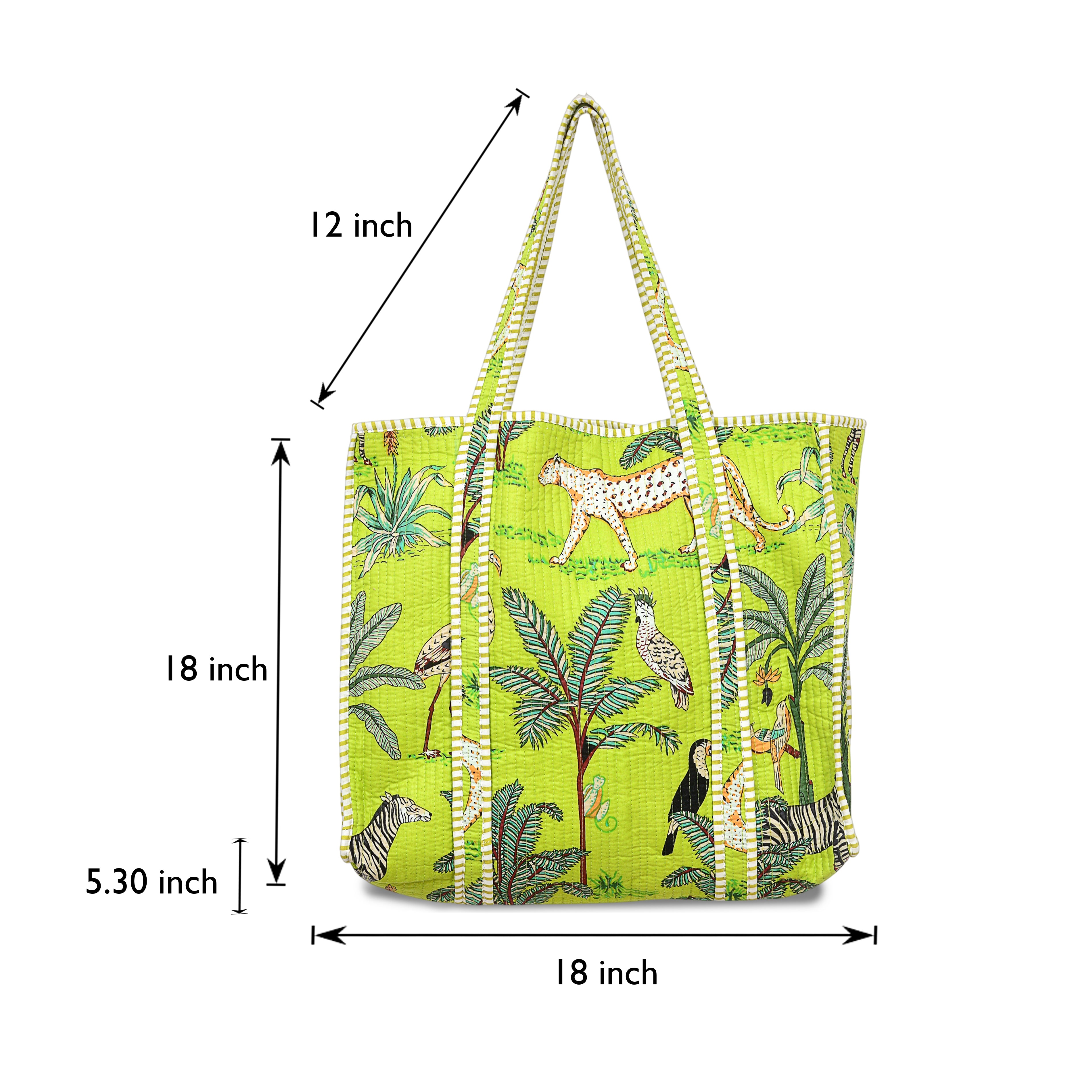 Quilted Cotton Tote Bag – Handmade Travel Shoulder Bag with Zipper & Pockets – Lightweight, Durable & Stylish for Daily Use (Parrot Green Jungle)