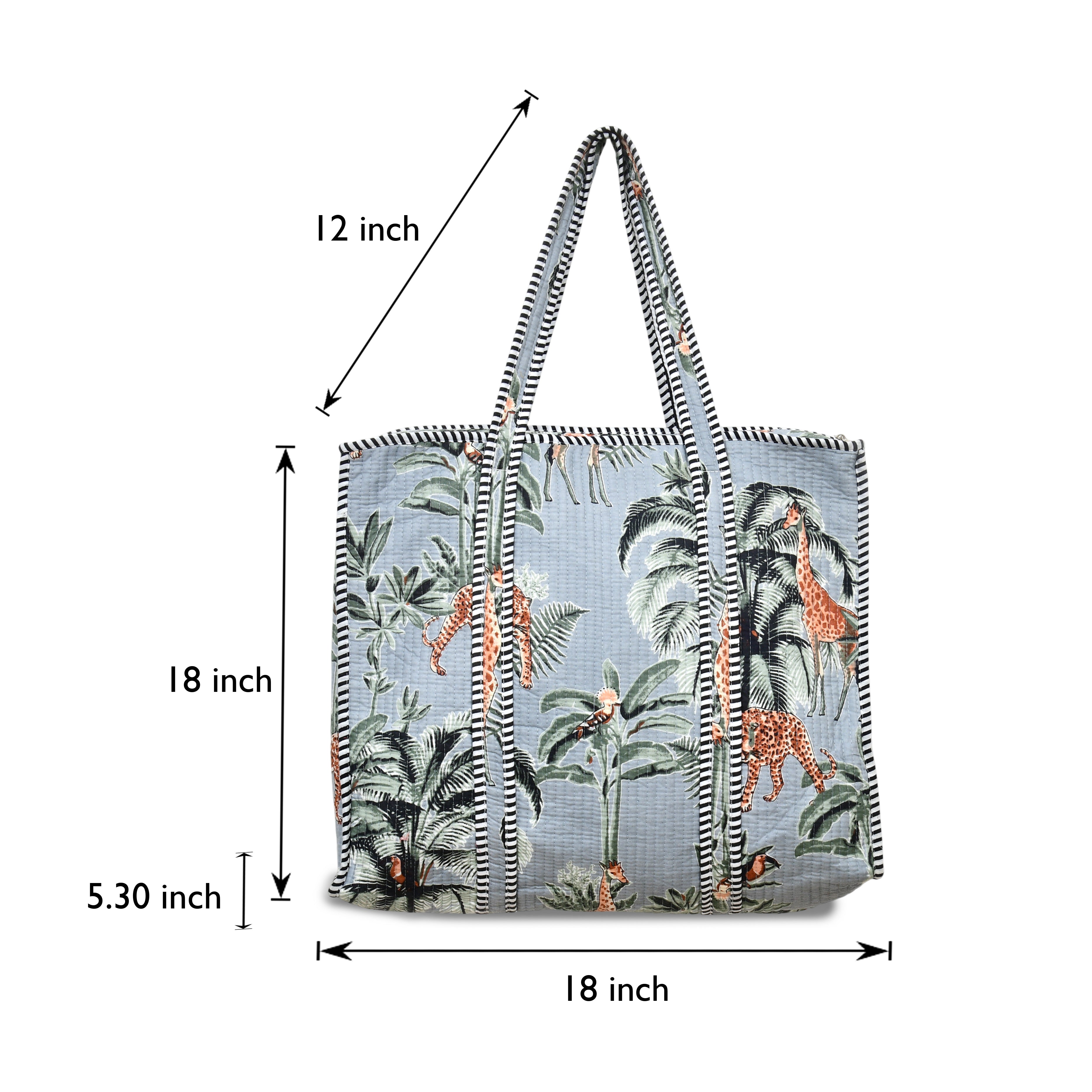 Quilted Cotton Tote Bag – Handmade Travel Shoulder Bag with Zipper & Pockets – Lightweight, Durable & Stylish for Daily Use (Grey Floral)