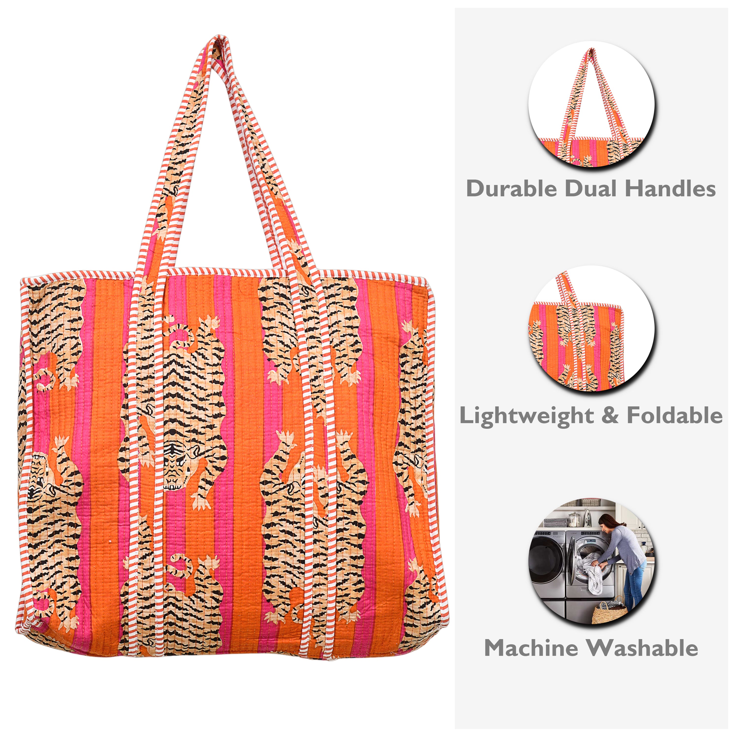 Quilted Cotton Tote Bag – Handmade Travel Shoulder Bag with Zipper & Pockets – Lightweight, Durable & Stylish for Daily Use (Orange Tiger)